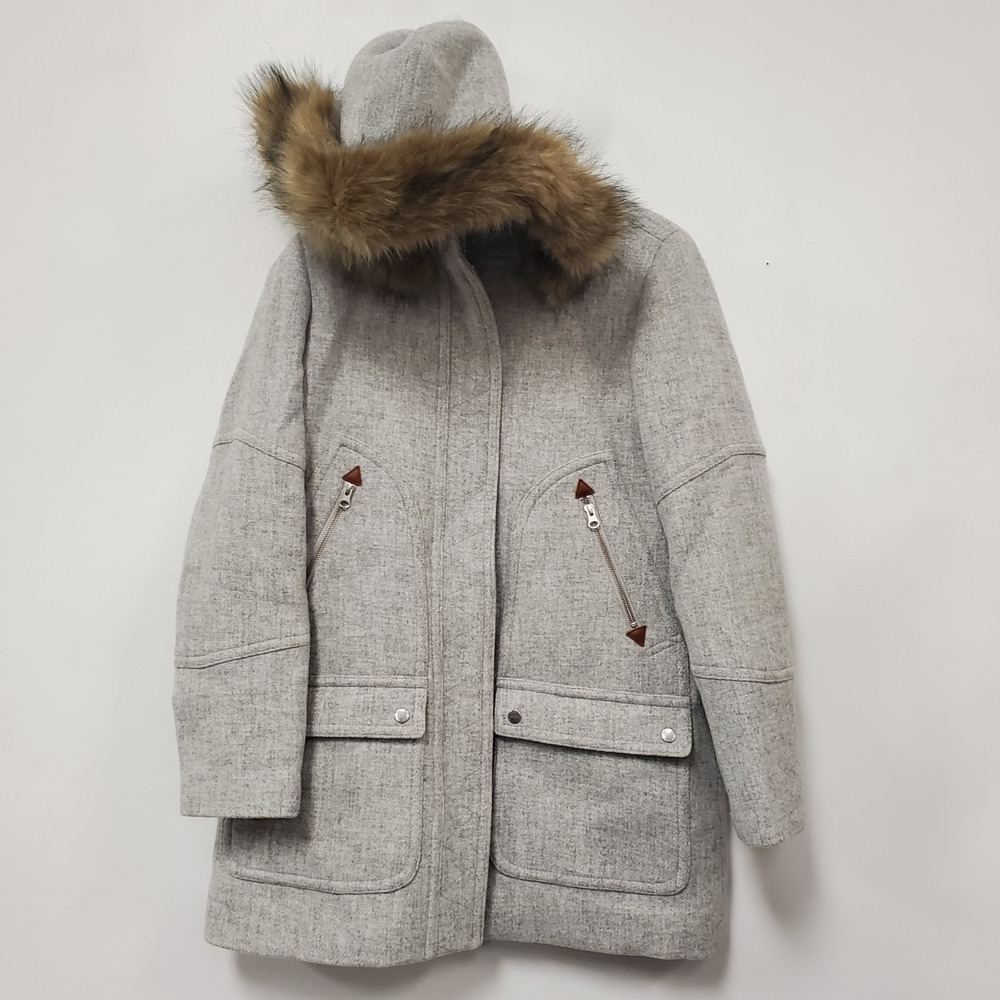 J Crew Womens Italian Stadium Cloth Fur Hood Coat Size 8 Gray Nello Gori J5488